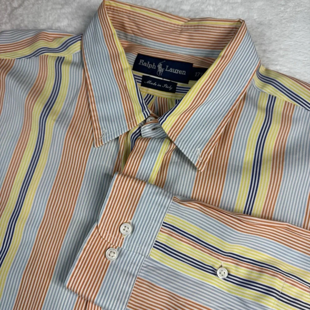 Polo Ralph Lauren Button Down Shirt Mens XL 17.5 Multi Color Striped Made Italy‎